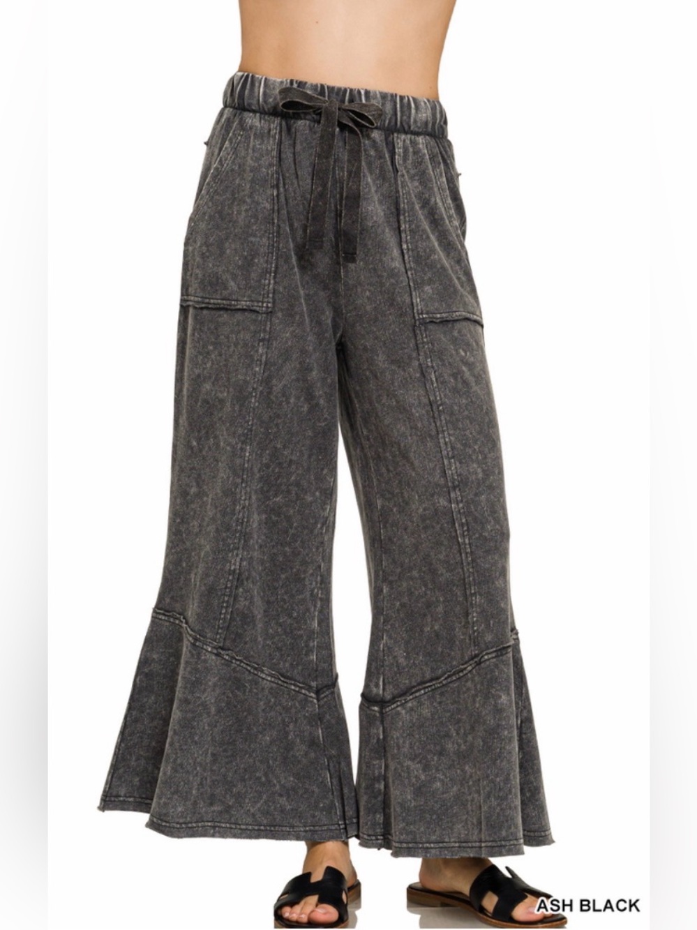 Zenana Outfitters Washed Ash Black Wide Leg Flare Pants
